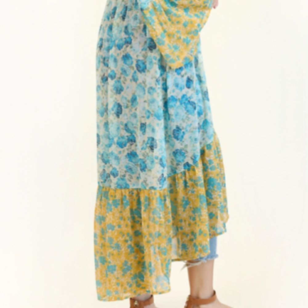 Boho Mixed Floral Bell Sleeves Tie Front Kimono Beach Cover Hippie Festival Vibe - Picture 5 of 11
